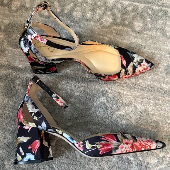 Jessica Simpson Sylar 9.5 floral pointed toe ankle strap block heels 2898 - Picture 6 of 9
